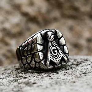 Retro Titanium Steel Masonic Ring For Men Vintage Aged Silver Compass Square Letter G Signet Ring Industrial Stone Texture Punk Jewelry