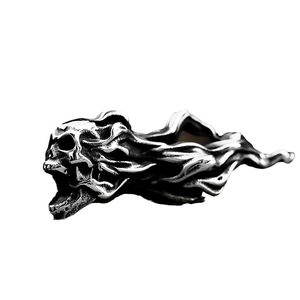 Vintage punk skull pendant with roaring expression and smoke trail in oxidized steel