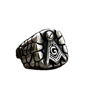 Vintage stainless steel Masonic signet ring with letter G and textured band for men