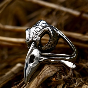 Bague crâne de corbeau Viking vintage en acier inoxydable avec finition argent antique