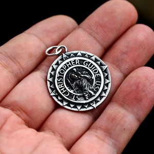 Vintage St. Christopher Medaillon Anhänger aus Edelstahl mit religiöser Schutzgravur