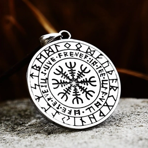 Retro stainless steel Viking Vegvisir necklace with runic alphabet on stone base