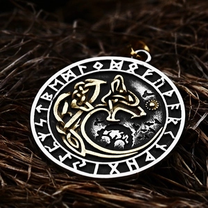 Vintage stainless steel Viking Fenrir wolf pendant with golden runes and Nordic patterns