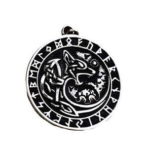 Vintage stainless steel Viking wolf pendant with Nordic Elder Futhark runes design