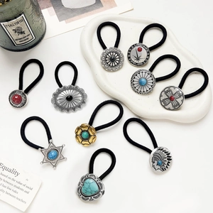 Bohemian Retro Turquoise Style Elastic Hair Tie Vintage Metal Star Heart Pattern High Elasticity Scrunchies Women Hair Accessory