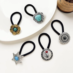 5-piece set of Bohemian retro elastic hair ties featuring turquoise and vintage alloy charms