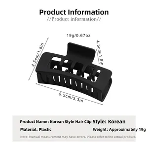 Detail view of large matte black square hair claw clip with 8.5cm measurement guide