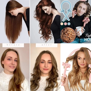 Detail view of heatless satin hair rollers showing before and after wave effects