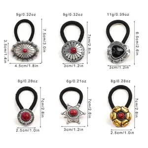 Size chart showing six vintage turquoise hair ties with weights and detailed dimensions