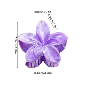 Marble purple frangipani hair claw clip with size dimensions and weight measurement