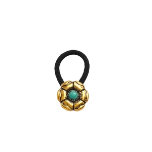 Retro high-elasticity hair tie with gold floral ornament and turquoise inlay decoration