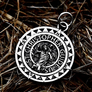 Vintage St. Christoph Anhänger aus Edelstahl mit Kompass-Markierungen und Silber-Finish