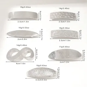Size chart showing 7 styles of silver metal spring hair clips with dimensions and weight