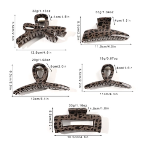 Five styles of premium brown leopard print hair claws with detailed size measurements