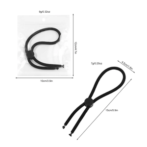 Adjustable black elastic hair band with plastic toggle and detailed size specifications