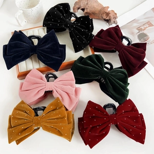 Large Velvet Bow Hair Claw Clip For Women Elegant Rhinestone Shark Clip Retro Velveteen Catch Clip Fashion Hair Accessories