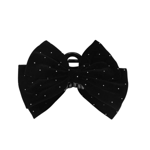 Elegant large black velvet bow hair claw clip with sparkling silver rhinestones