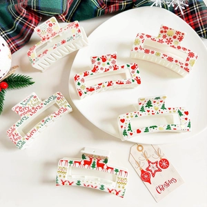 Christmas Large Hair Claw Clip Plastic Snowflake Reindeer Print Hair Accessory For Women Xmas Holiday Party Decoration