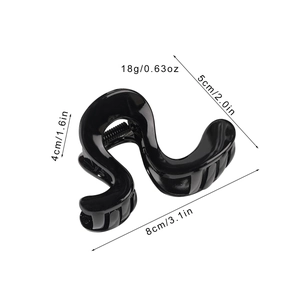 Glossy black wave-shaped geometric hair claw clip for women with detailed size measurements