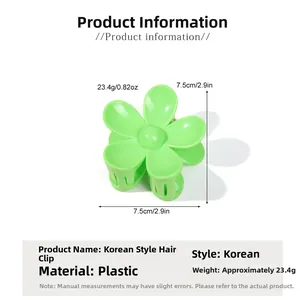 Détails de la pince à cheveux fleur vert vif avec dimensions de 7,5 cm et spécifications