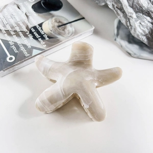 Detailed close-up of a large cream marbled acetate starfish hair claw clip on a modern desk