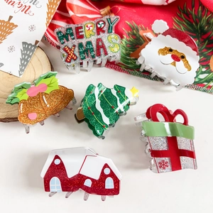 Glitter Christmas Hair Claw Clips For Women Cute Acrylic Santa Claus Christmas Tree Snow House Bells Holiday Hair Accessories