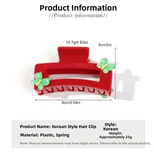 Detailed size chart of a 9cm red square hair claw clip with green butterfly design