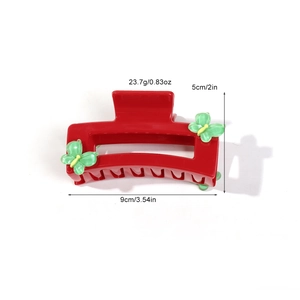 Red square hair claw clip with green butterfly details for women hair styling