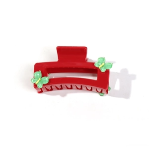 Square red hair claw clip with light green butterflies for elegant updo hairstyles