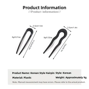 Detailed size comparison for U-shaped hair pins showing exact dimensions and weight