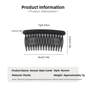 Detailed size specifications for the 15-tooth black plastic round hair comb clip accessory