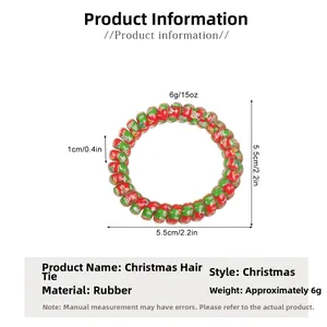 Detailed size chart for Christmas spiral hair tie with red and green holiday pattern