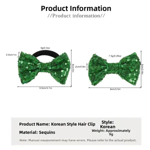 Accessoires cheveux nœud paillettes vertes avec dimensions et détails de poids