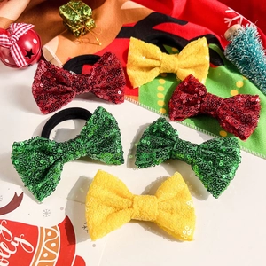 Chouchou à Nœud en Paillettes de Noël pour Femmes Filles Glitter Bowknot Scrunchies Pinces à Cheveux Accessoires de Cheveux