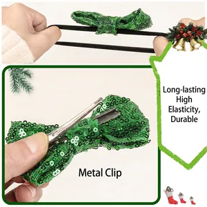 Ensemble chouchou et barrette de Noël avec nœuds pailletés verts et grande élasticité