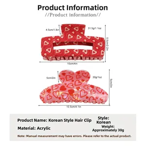 Detail showing dimensions of red and pink acrylic heart pattern hair claw clips