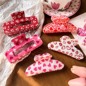Large Acrylic Hair Claw Clips Rose Heart Printed Valentine's Day Shark Clips Sweet Romantic Hair Accessories For Women
