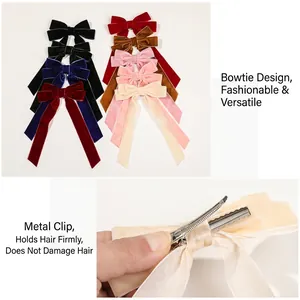 Velvet bow hair clips set in various colors with secure metal duckbill hair fastener