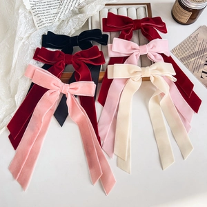Douce Pince à Cheveux en Velours avec Nœud à Double Ruban pour Femme Pince à Bec de Canard Rétro Français Accessoire Cheveux Elégant