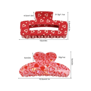 Rose heart print hair claw clips in rectangular and heart shapes for Valentine styling