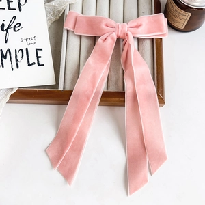 Vue détaillée du nœud papillon en velours rose avec longs rubans et bordure blanche