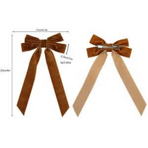 Deep brown velvet bow hair clip with long ribbons and size dimensions on white background