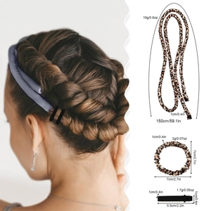 Detailed view of leopard print heatless hair curler set with size dimensions and weight metrics