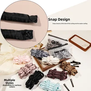 Detail of heatless hair roller with secure button buckle and silk fabric texture