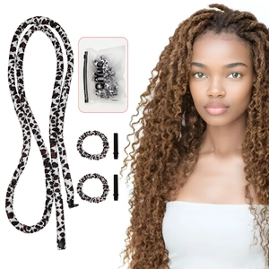 Leopard print heatless hair curler set with rollers, scrunchies, and clips in storage bag