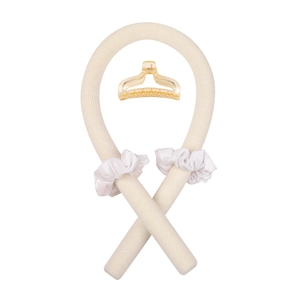 Détails du kit boucleur sans chaleur avec tige tricotée beige, chouchous et une pince