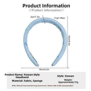 Detailed size chart showing dimensions for light blue butterfly sponge headband