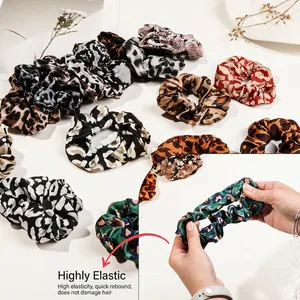 Elegant leopard and animal print satin hair scrunchies set for ponytail styling