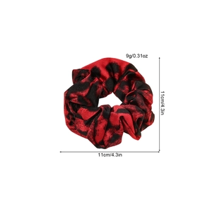 Elegant leopard print red and black scrunchie hair tie with dimensions and weight info