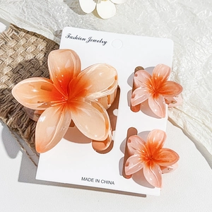Detail view of floral hair claw clip set with orange-pink gradient on a display card